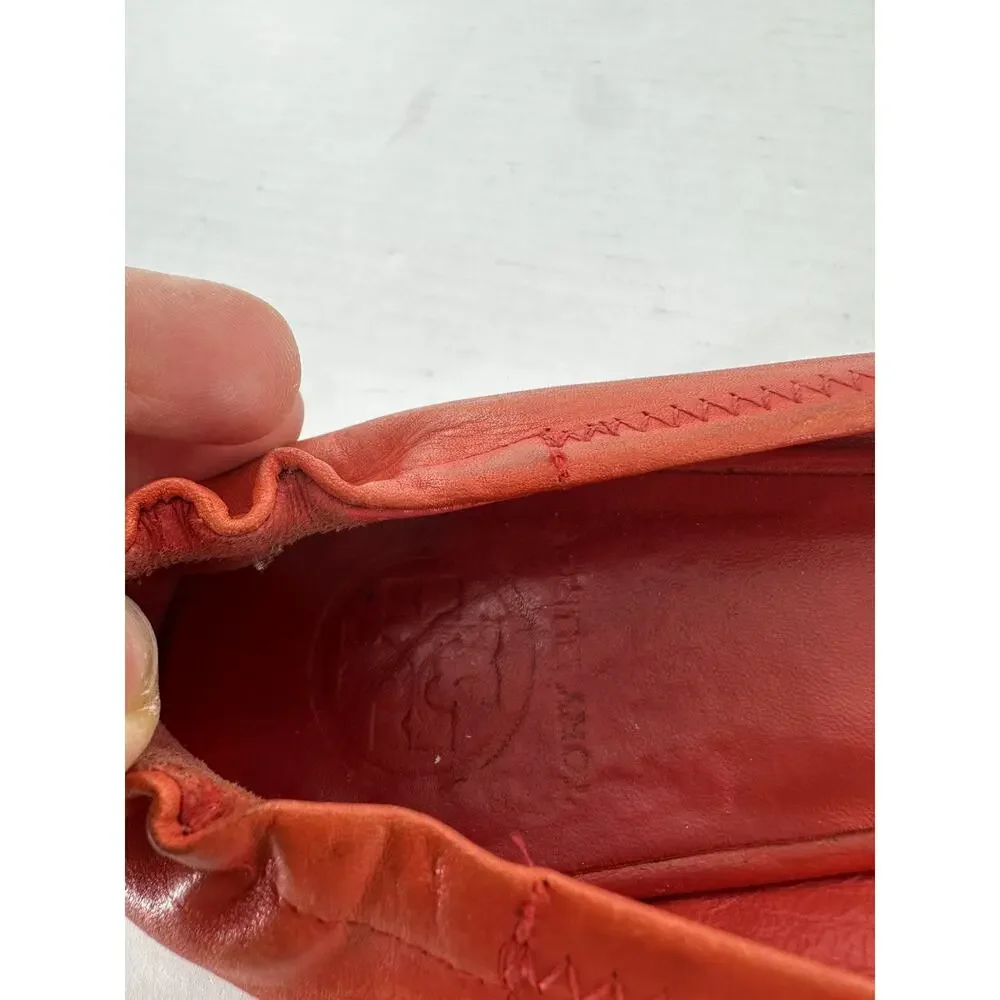 Tory Burch Flats Sz 8 Minnie Travel Orange Logo Office Classic Gold Logo Leather